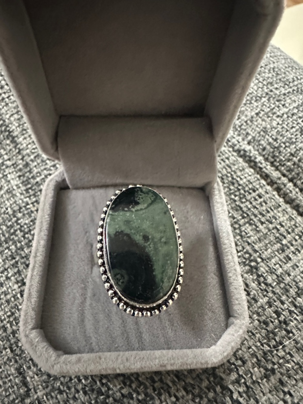Sterling Silver Kambaba Jasper Oval Green Stone Ring - Size 8.5